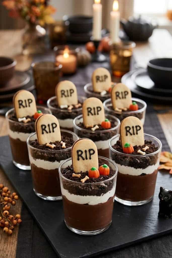 Graveyard dirt cake cups with cookie crumb soil and tombstone decorations